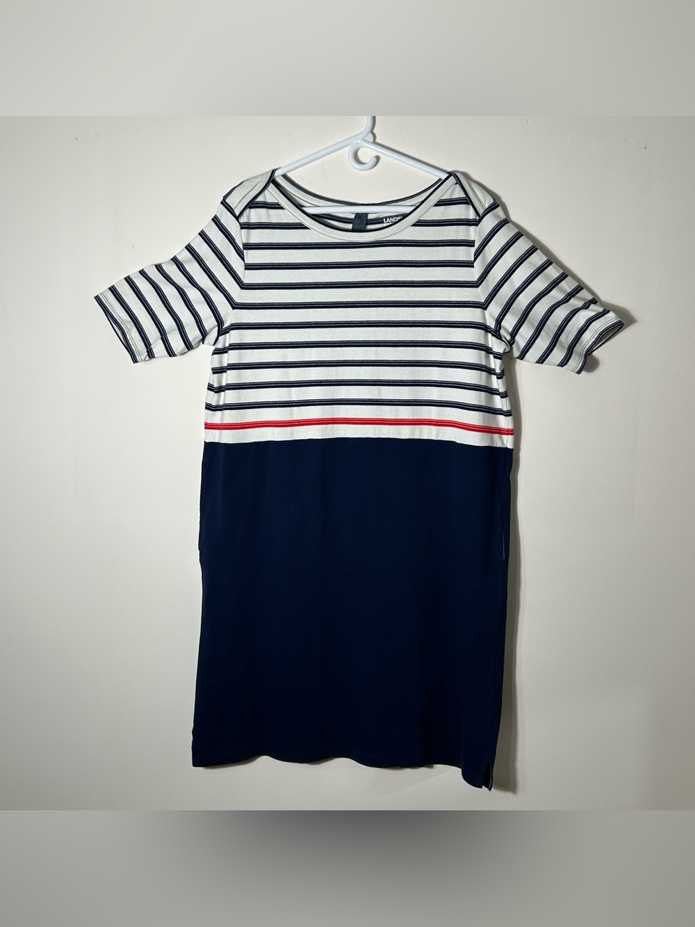 Lands End Dress Womens Size Large Striped Nautical Beach Vacation Pockets Shift
